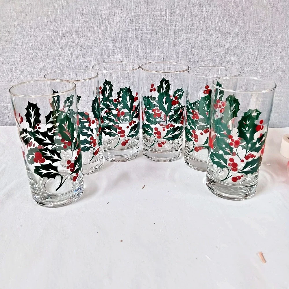 Vintage Holly Berry Glasses Bartlett Collins  Christmas Set of 6 80s 90s Holiday